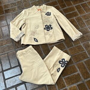 Hearts of Palm Tan & Navy Floral Beaded Embellished Cropped Pant & Jacket Set